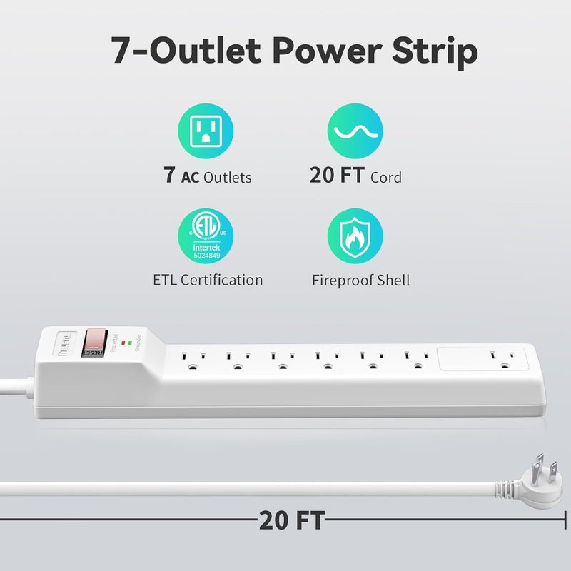 PLUGTUL Surge Protector 20FT (980 Joules), Flat Plug Power Strip, Extension Cord with Multiple Outlets, 7 Outlets, ETL Listed, 14 Gauge, Wall Mountable for Home Office Garage, White - Image 2